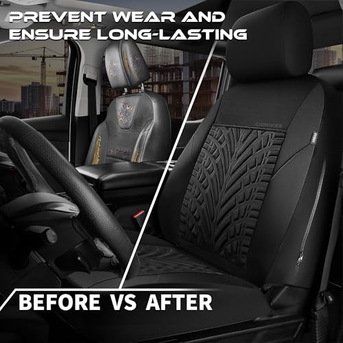 CAR PASS Neoprene Waterproof Seat Covers Full Sets, Wetsuit Car Seat Covers 5 Seats Universal Fit for Vans, Truck, SUV, 3D Tyre Embossed Seat Covers Anti Slip with Armrests, Aibag Compatible(Black) - color: Black Solid, size: Full sets
