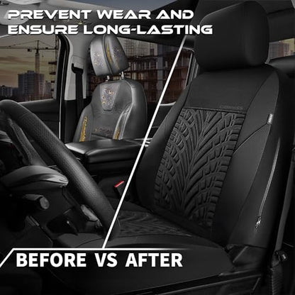 CAR PASS Neoprene Waterproof Seat Covers Full Sets, Wetsuit Car Seat Covers 5 Seats Universal Fit for Vans, Truck, SUV, 3D Tyre Embossed Seat Covers Anti Slip with Armrests, Aibag Compatible(Black) - color: Black Solid, size: Full sets
