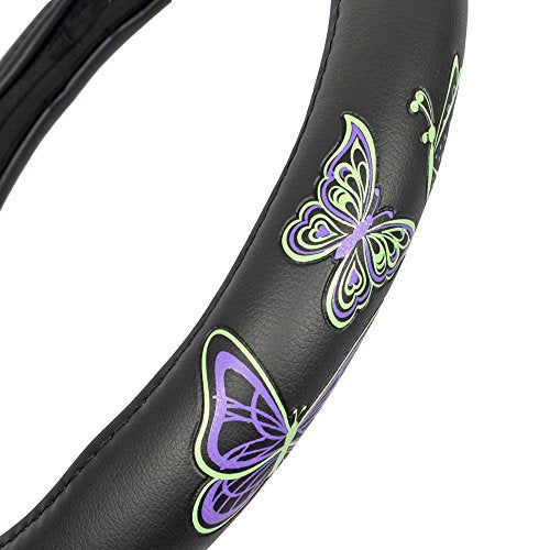 BDK GripGrab Comfort Grip - Purple & Green Butterflies on Black Synthetic Leather Steering Wheel Cover 15 inch - color: #46 Butterflies, size: Fits 14.5 - 15" SW