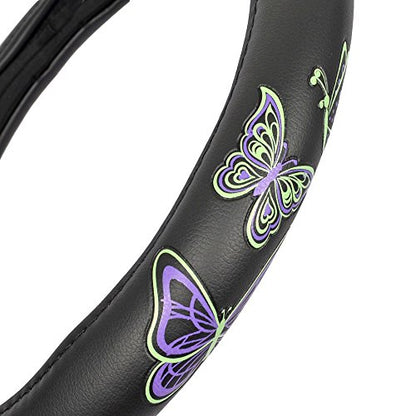 BDK GripGrab Comfort Grip - Purple & Green Butterflies on Black Synthetic Leather Steering Wheel Cover 15 inch - color: #46 Butterflies, size: Fits 14.5 - 15" SW