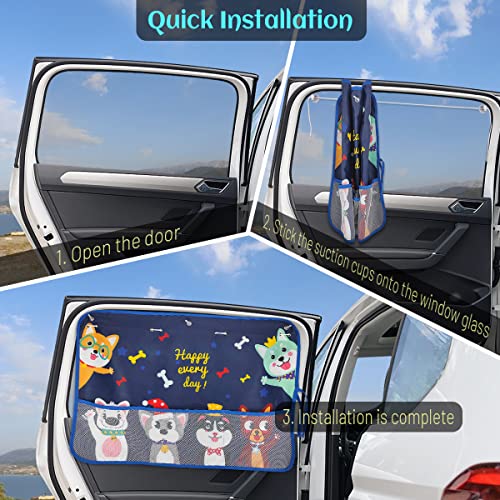 2 Pack Car Window Shade for Baby, Blackout Car Sun Shades with Storage Pockets, 7 Suction Cups, Blue, Cute Patterns for Sun/Heat/UV Rays Protection, Standard Passenger Cars - color: Blue-Cute Dogs 2PC