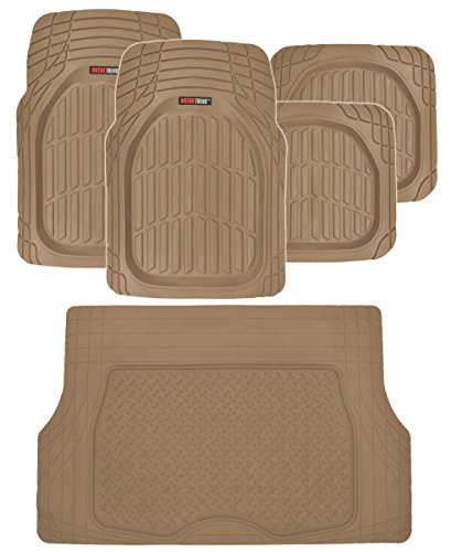 Motor Trend FlexTough Deep Dish Heavy Duty Rubber Floor Mats & Cargo Liner for Trunk All Weather (Beige) - Complete Coverage Set