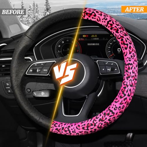 KAFEEK Leopard Plush Steering Wheel Cover for Woman Girl, Universal 15 inch, Pink - color: leopard pink, size: Standard Size[14 1/2''-15'']