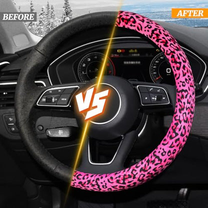 KAFEEK Leopard Plush Steering Wheel Cover for Woman Girl, Universal 15 inch, Pink - color: leopard pink, size: Standard Size[14 1/2''-15'']