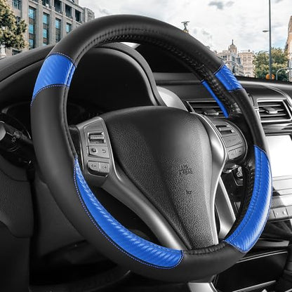 Non-Slip Car Nappa Leather Steering Wheel Cover,Universal Car Accessories Women Men Fit 14" 1/2-15" Suvs/Vans/Sedans/Cars/Trucks,Blue - color: Black Blue