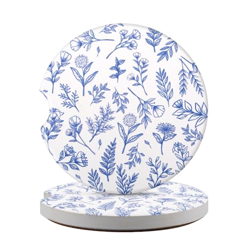 2pcs Car Cup Coasters, 2.6in Absorbent Ceramic Car Coasters with Cork Backing Non-Slip Cup Holders Vehicle Interior Decor Accessories for Women Men (Retro Blue Flowers)