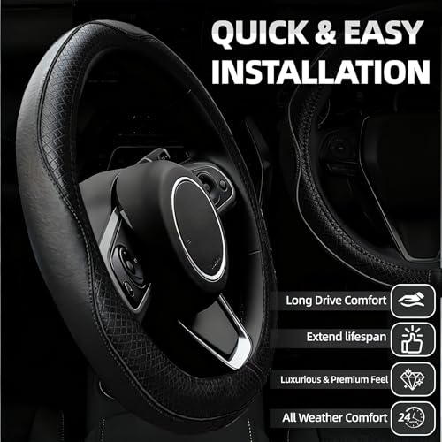 NBTEPEM 6 PCS Car Steering Wheel Cover Set, Microfiber Leather Steering Wheel Covers Universal 14.5-15 inch, Center Console Cover, Seat Belt Cushion, Cup Holder Coaster, Car Accessories Set Black - color: Black, size: Steering Wheel Cover Set