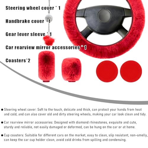6 PCS Fluffy Steering Wheel Covers Set, 15 Inch Soft Steering Wheel Cover, Handbrake Cover & Gear Shift Cover & Cup Holder Coaster & Car Mirror Accessory, Car Accessories (Red) - color: Red