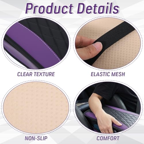Car Console Covers, Purple Cars Arm Rest Cover Accessories for Women Universal PU Leather Car Armrest Cushion with 2 Storage Pocket for Cars Seats Organizer
