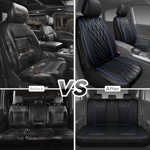 CAR PASS Piping Luxury Leather Seat Covers Full Set,5 Seats Anti-Slip Waterproof Seat Covers Compatible with Front Armrests,Universal Fit for Sendan SUV Van Truck,Airbag Compatible,Black and Blue - color: Black with Blue, size: Full Set