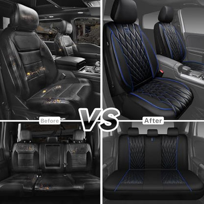 CAR PASS Piping Luxury Leather Seat Covers Full Set,5 Seats Anti-Slip Waterproof Seat Covers Compatible with Front Armrests,Universal Fit for Sendan SUV Van Truck,Airbag Compatible,Black and Blue - color: Black with Blue, size: Full Set