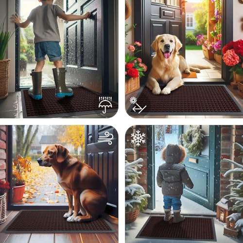 Smiry Front Door Mat Outside Entrance, Heavy Duty Natural Rubber Doormat, Non Slip, Trap Dirt and Moisture, Easy Clean, Low Profile Welcome Floor Mats for Indoor Outdoor Entry, 35x23 Inch, Brown