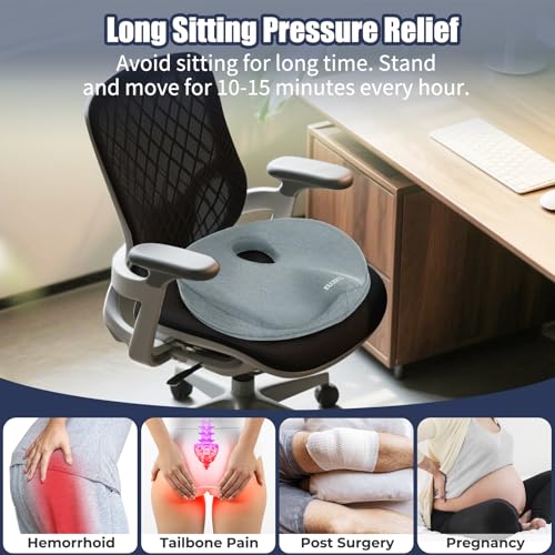 Donut Pillow for Tailbone Pain Relief and Hemorrhoids, Memory Foam Donut Cushion for Sciatica Nerve, Seat Cushion Butt Pillow for Men Women at Home Office Chair Car Long Sitting Comfort, Gray