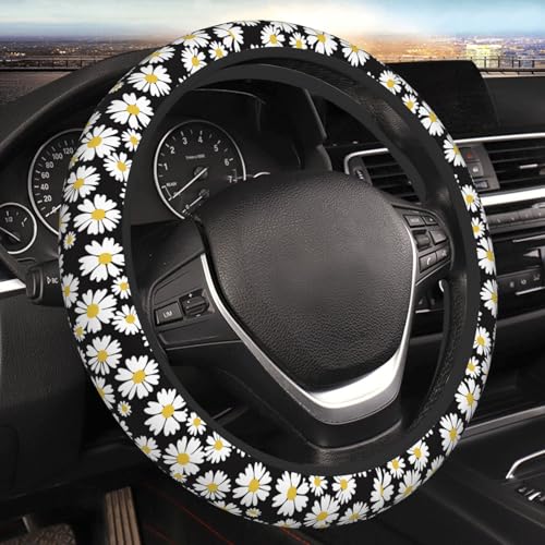 White Daisy Neoprene Steering Wheel Cover for Men Women Anti-Slip Elastic Steering Wheel Protective Cover 15in Universal Car Accessories Fit Cars, SUVs, Auto - color: White Daisy