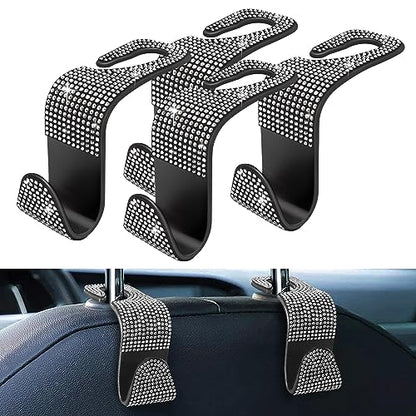 4 Pack Blink Diamond Car Seat Headrest Hooks Crystal Rhinestone Car Purse Holder Universal Interior Accessories for Handbags, Water Bottles, Coats, Umbrellas, White - color: White