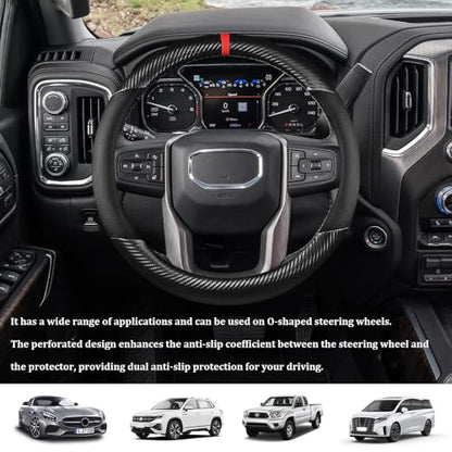 Car Steering Wheel Cover, Steering Wheel Accessories, 15 Inch Microfiber Leather Carbon Fiber Soft Anti-Slip Breathable, Car Accessories Elastic Non-Slip Cover for Most Vehicles (Black) - color: Black