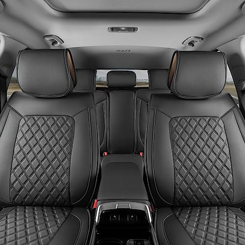 MotorBox Prestige Edition Napa Leather Car Seat Covers Full Set, Open Sides Leather Seat Covers, Premium PU Leatherette Black & Gray Seat Covers for Cars Trucks SUVs, Front and Rear Seat Cover Set - color: Black/Graphite Trim (Full Set), size: Full Set (F