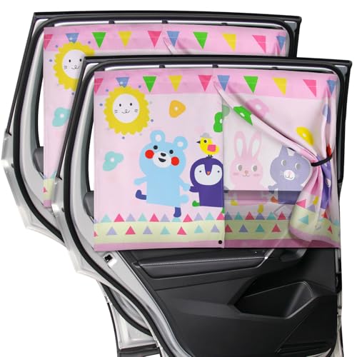 Car Window Shade for Baby, 2pcs Magnetic Auto Sun Shades for Side Windows Double Layer Full & Half Shade Options, Cute Patterns Car Window Curtains for Sun Glare Block - color: Pink and Yellow