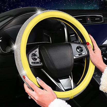 Bling Diamond Steering Wheel Cover, Leather Steering Wheel Covers for Women Girls with Crystal Rhinestones, Breathable, Anti-Slip Universal Fit 14.5-15 Inch Bling Car Accessories(Yellow) - color: Yellow