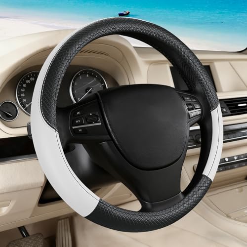 Black & White Car Steering Wheel Cover, Microfiber, Leather Patchwork, Universal 14.5-15 Inch Leather Anti-Slip Breathable Auto Steering Wheel Covers for Men Women - color: Black & White