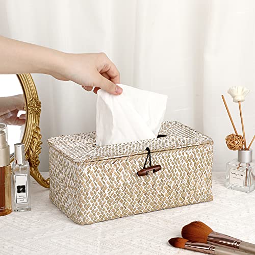 Sumnacon Rectangle Natural Seagrass Tissue Box Cover,Woven Tissue Box with Bottom,Farmhouse Tissue Box Holder for Living Room Bathroom Vanity Toilet Table Desk Countertop Office Car,Whitewash - color: Whitewash, size: Medium