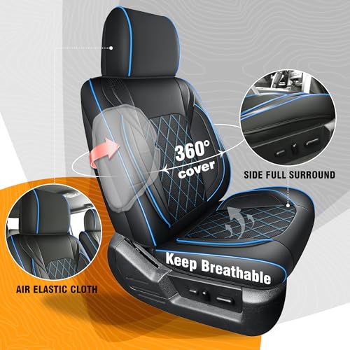 F150 Seat Covers Full Set, Faux Leather Truck Seat Covers Diamond Quilted Custom Fit for 2009-2026 F-150 SuperCrew & 2017-2026 F250 F350 F450 Crew Cab XL XLT Lariat King Ranch (Black & Blue) - color: Black & Blue, size: Front & Rear
