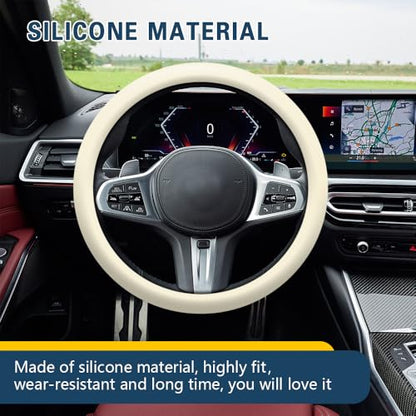 Car Steering Wheel Cover, 13 to 14.17 inches Non-Slip Silicone Steering Wheel Protector, Car Accessories Thin Soft Leather Texture Steering Wheel Protective Cover for Most Cars (Beige) - color: Beige