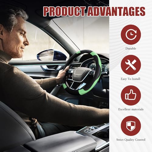 Car Steering Wheel Cover, Steering Wheel Protector, Universal 14.5-15 Inch Microfiber Leather Breathable Auto Steering Wheel Covers, Carbon Fiber Steering Wheel Cover for Women Men (Green) - color: Green