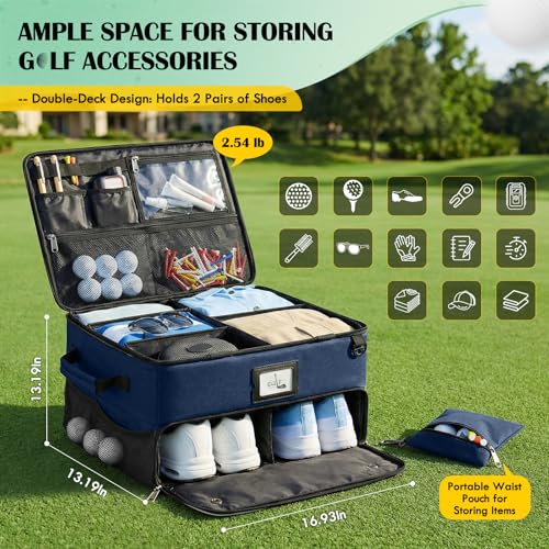 RAINSMORE Golf Trunk Organizer Golf Bag Organizers Golf Shoe Bag with Separate Ventilated Compartment for 2 Pair Shoes Golf Accessories for Balls, Gloves, Clothes - color: Blue