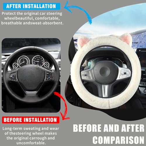 Car Steering Wheel Cover, Cute Steering Wheel Protector with Kitty Cat Ears,Fluffy Soft Plush for Winter Warm, Universal Fit 15 inches for Car,SUV, Elastic & Anti-Slip (White) - color: White
