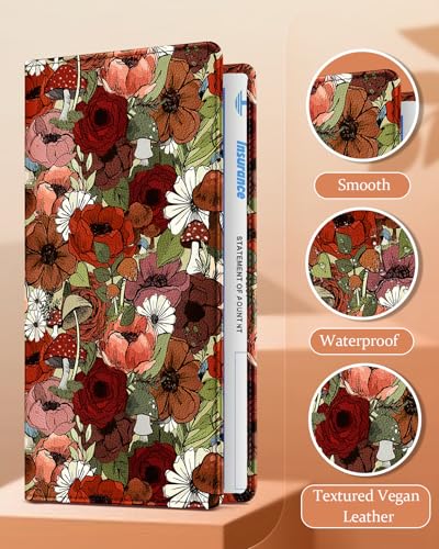 Slohif Car Registration and Insurance Holder - Flower Vehicle Glove Box Organizer Women with Magnetic Shut Leather Automobile License Holders Coasters Auto Accessories Case for Document - color: Boho Flowers