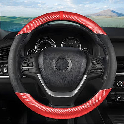 Moly Magnolia Steering Wheel Cover, Carbon Fiber Breathable Microfiber Leather with Non-Slip Lining, Cool in Summer Warm in Winter for Men Women, Universal 15 Inch for Most Cars (Carbon Fiber Red) - color: Carbon Fiber Red