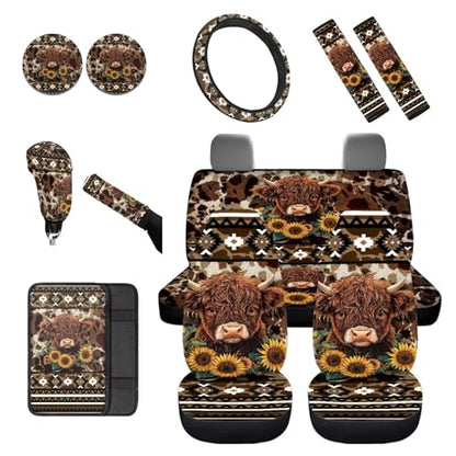 Dreaweet Aztec Brown Cow Print Car Seat Covers Full Set Cute Sunflower Highland Cow Car Accessories,Car Steering Wheel Cover Armrest Cover Seat Belt Pads Cup Holders Gear Shift Cover Handbrake Cover - color: Aztec Sunflower Highland Cow