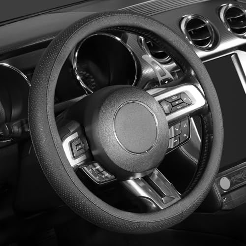 SEG Direct Black Car Steering Wheel Cover Medium Size 14.5-15 inch (37-39 cm), Breathable Microfiber Leather - color: Breathable Pores, size: Standard size[14 1/2''-15'']