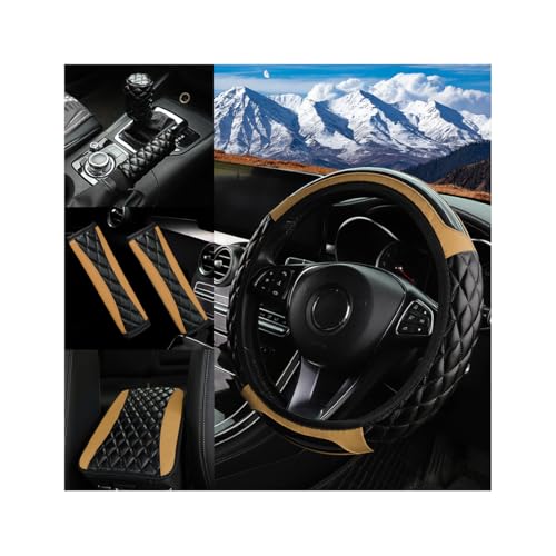 Car Accessories Set, 14.5-15" Leather Vehicle Steering Wheel Cover, Seat Belt Cushion, Gear Shift and Handbrake Cover, Center Console Protector, Universal for Truck SUV Van (Beige) - color: Beige