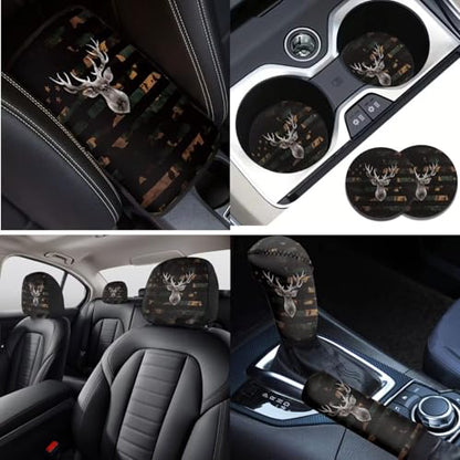 American Flag Printed Car Accessories Sets, 16 Pack Camo Deer Printed Car Front and Back Seat Cover Steering Wheel Cover Safety Belt Cover Armrest Cover Car Head Rest Cover Car Coaster - color: Black and Brown - American Flag Camo Deer