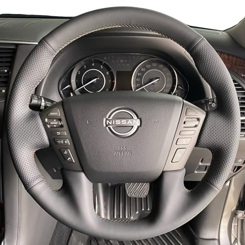Steering Wheel Cover Hand-Stitch on Black Leather Protector Wrap for Nissan Frontier 2022-2025 Nissan Armada/Nissan NV Cargo/Nissan Titan/Patrol 2013-2022 Infiniti QX80 2014-2022