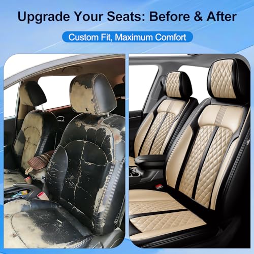 Fit Land Rover Range Rover Sport Car Seat Covers (Front Pair) for Land Rover Range Rover Sport 2005-2026, Full Coverage Leather, Waterproof, All Weather Breathable Seat Protector, Black+Beige