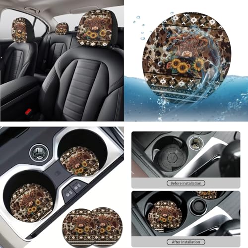 Highland Cow Printed 15 Pcs Car Seat Cover Full Set, Sunflower Aztec Printed Car Accessories Set Front Rear Seat Covers Steering Wheel Cover Seat Belt Covers Car Headrest Cover - color: Brown-Highland Cow Sunflower Aztec