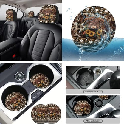 Highland Cow Printed 15 Pcs Car Seat Cover Full Set, Sunflower Aztec Printed Car Accessories Set Front Rear Seat Covers Steering Wheel Cover Seat Belt Covers Car Headrest Cover - color: Brown-Highland Cow Sunflower Aztec