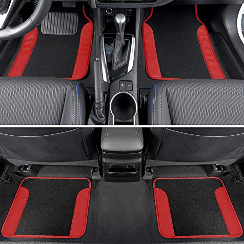 BDK Red Faux Leather Car Seat Covers Full Set with Matching Carpet Car Floor Mats - Universal Front & Back Bench Car Seat Protector & Car Mats Full Set for SUV & Truck Automotive Interior Liner - color: Red
