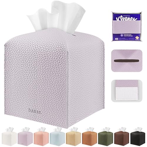 Tissue Box Cover Holder Square Tissue Cube Cover PU Leather Tissue Organizer with Bottom Belt for Bathroom, Tabletop, Car, Night Stands, Office, Home, Kitchen (1, Violet) - color: Violet