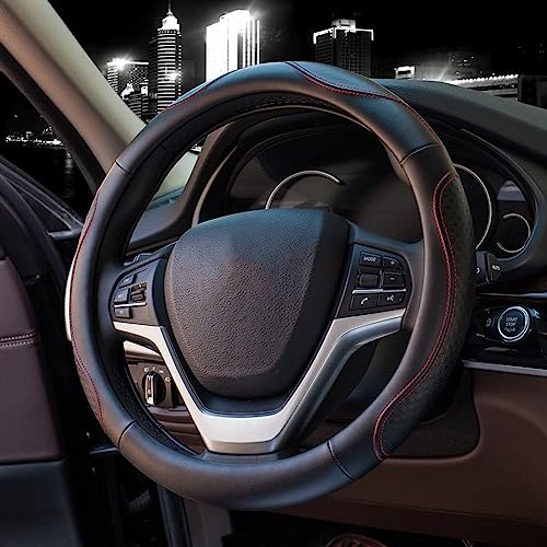 Valleycomfy Leather Steering Wheel Covers Universal 15.75 inch -Breathable, Anti Slip & Odor Free (Black with Red Lines,L(15" 1/2-16")) - color: Red, size: L(15"1/2-16")