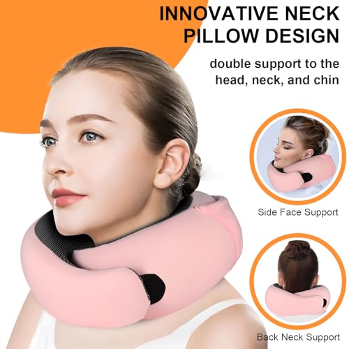 Travel Pillow - Hooded Neck Pillow Airplane Memory Foam Filling for Plane, Office, Cars Sleeping, Road Trip, Long Flights, Airplane Travel Essentials, Includes Eye Mask & Earplugs (Pink) - color: Pink