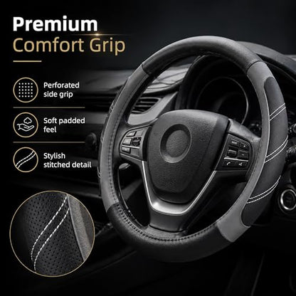 Elantrip Leather Large Steering Wheel Cover 14 1/2 inch to 15 inch Universal, Soft Grip Breathable for Car Truck SUV Jeep Anti Slip Gray - color: Gray, size: 14 1/2 - 15 Inch
