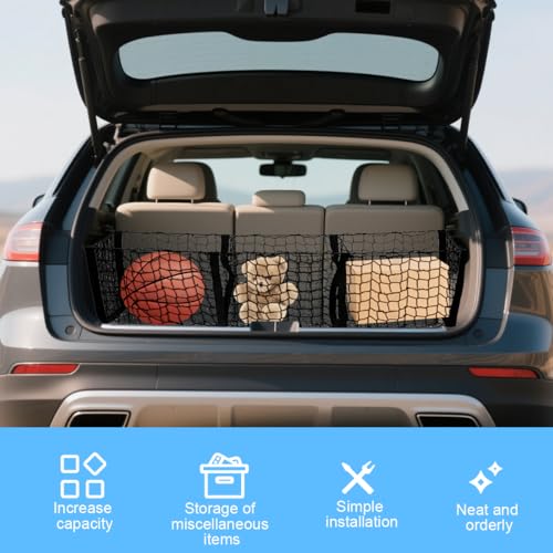 Mandark Car Cargo Net, Highly Elastic 3 Pocket Truck Bed Organizer Mesh with 4 Metal Hook Buckles & Screws, Auto Storage Netting Accessories, Universal for SUV Sedan Pickup (43.31" x 15.75" x 15.75") - size: 43.31 x 15.75 x 15.75 inches