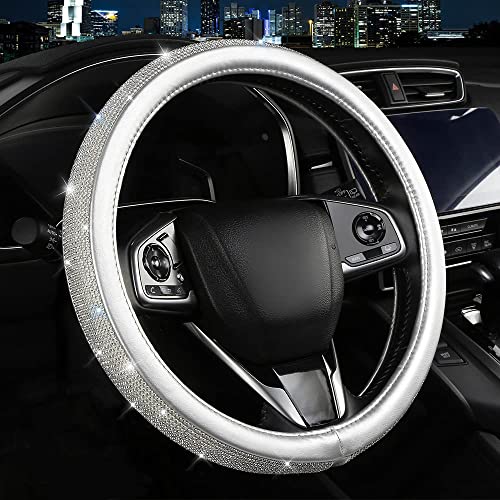 Bling Diamond Steering Wheel Cover, Leather Steering Wheel Covers for Women Girls with Crystal Rhinestones, Breathable, Anti-Slip Universal Fit 14.5-15 Inch Bling Car Accessories(Silver) - color: silver