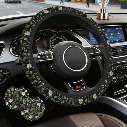 Floral Steering Wheel Cover with 2 Car Coasters,Watercolor Wildflower Anti-Slip Steering Wheel Cover,Elastic Breathable Car Interior Accessories,Universal 14.5"-15" Fit Auto,SUVs - color: Floral