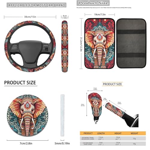 Boho Elephant Print 16 Piece Car Seat Cover Full Set, Car Front Back Seat Cover Steering Wheel Cover Armrest Pads Seatbelt Cover Car Handbrake Cover Gear Shift Cover, Car Interior Accessories - color: Red and Blue - Boho Elephant