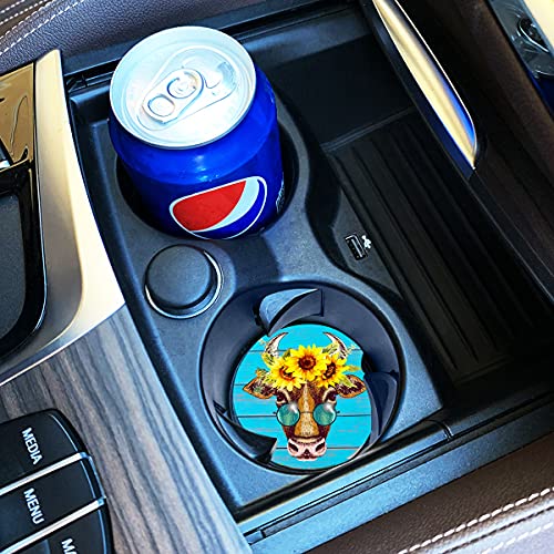 Car Coasters Pack of 2, Fun Sunflower Cow Design Absorb Condensation for Protect The Car Cup Holder and Keep Your car Clean, Small 2.56" Diameter, Easy Removal of Auto Cupholder（Blue Cow） - color: Blue Cow